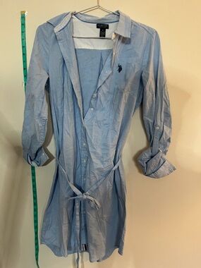 U.S. Polo Assn. Light Blue Button-Front Shirt Dress with Tie Waist